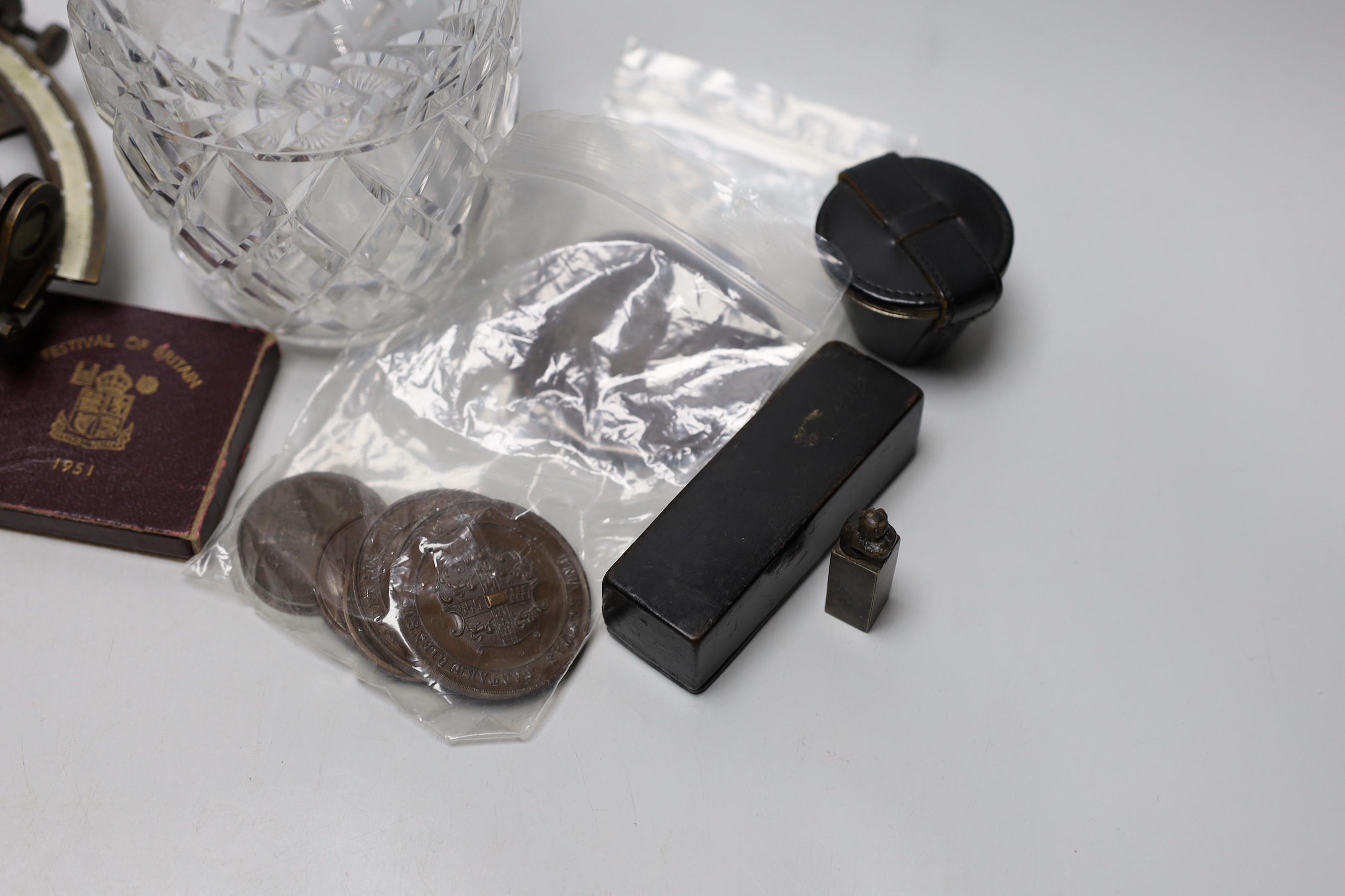 Collectables including a silver mounted decanter, a small sextant and a Russian lacquer box, 9cm